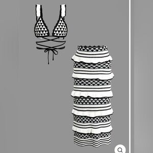 Stripe Tie Bra Top And Tiered Ruffle Knit Midi Skirt Set